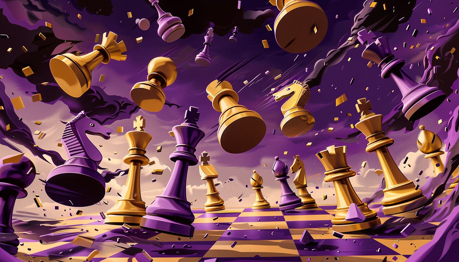 Ilustração digital estilizada de peças de xadrez em composição abstrata